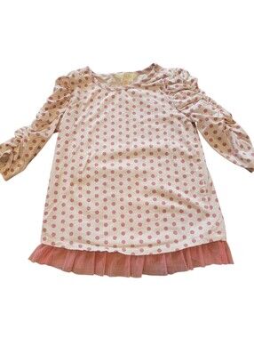 Matilda Jane Girls Pink White Polka Dot Tulle Hem Ruched Sleeve Tunic Top Size 6